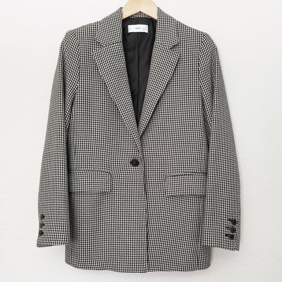 Mango Houndstooth Oversized Blazer Jacket S Gray Single Button Preppy Academia - Picture 5 of 16